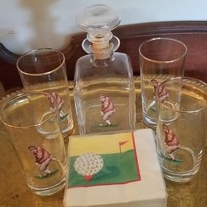 Vintage Golf Decanter & Gold Rimmed Glasses Barware Set & Cocktail Napki…